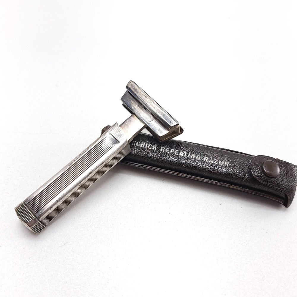 Antique‎ Schick Repeater Repeating Razor Travel Folding Silver w/ Case 1920s